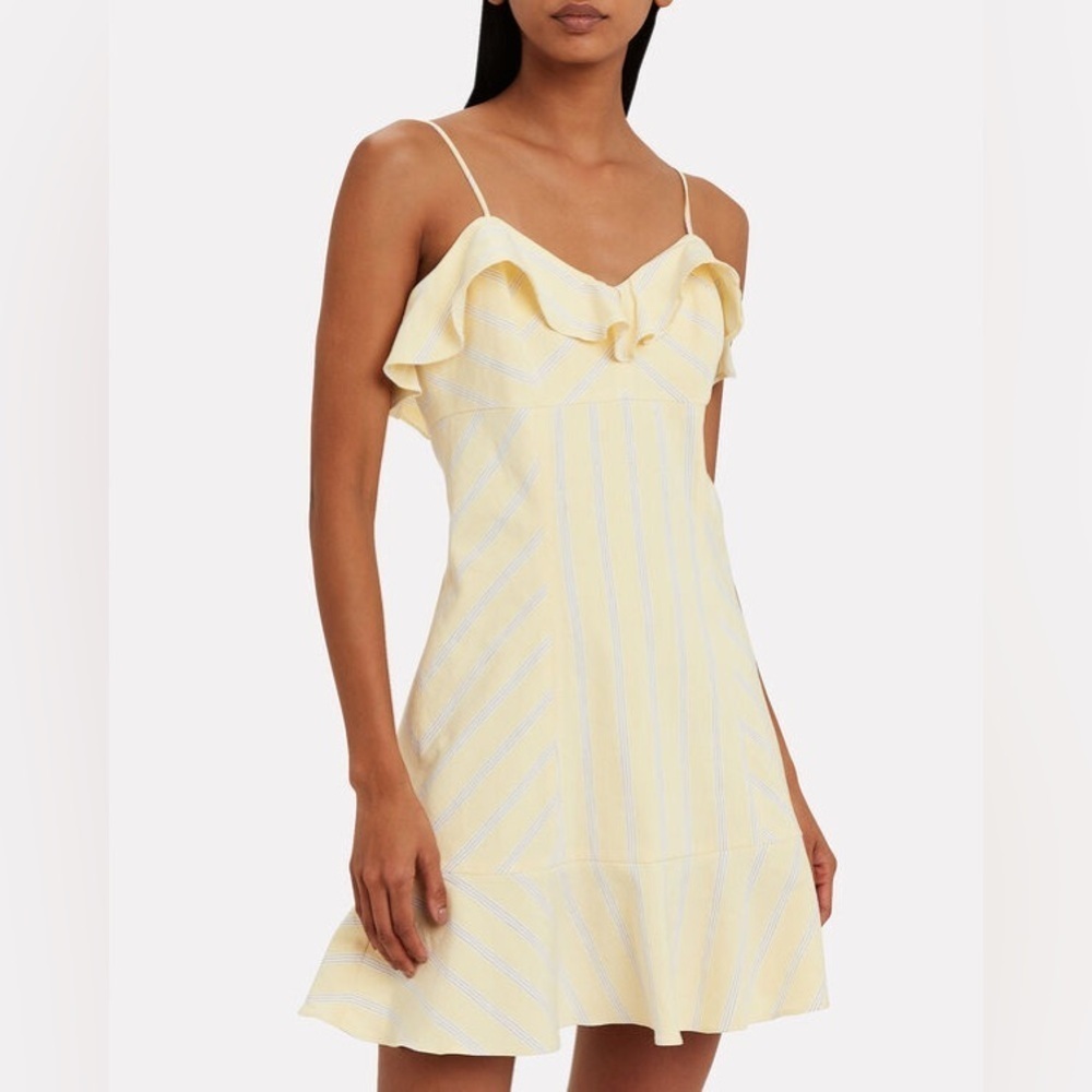 INTERMIX Sidney Striped Yellow Flounce Ruffled Neck Linen Blend Mini Dress NWT 4